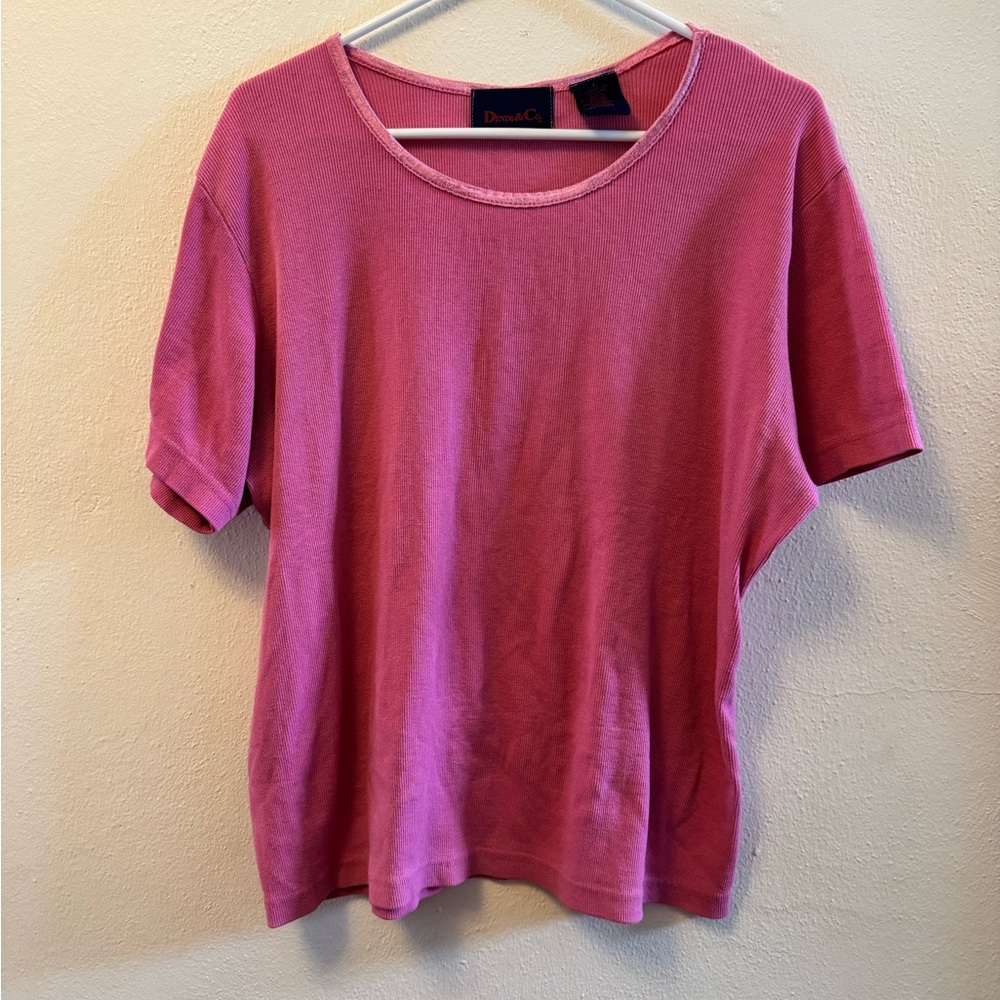 Denim & Co Pink Ribbed Knit Top Short Sleeve Scoop Neck Tee L